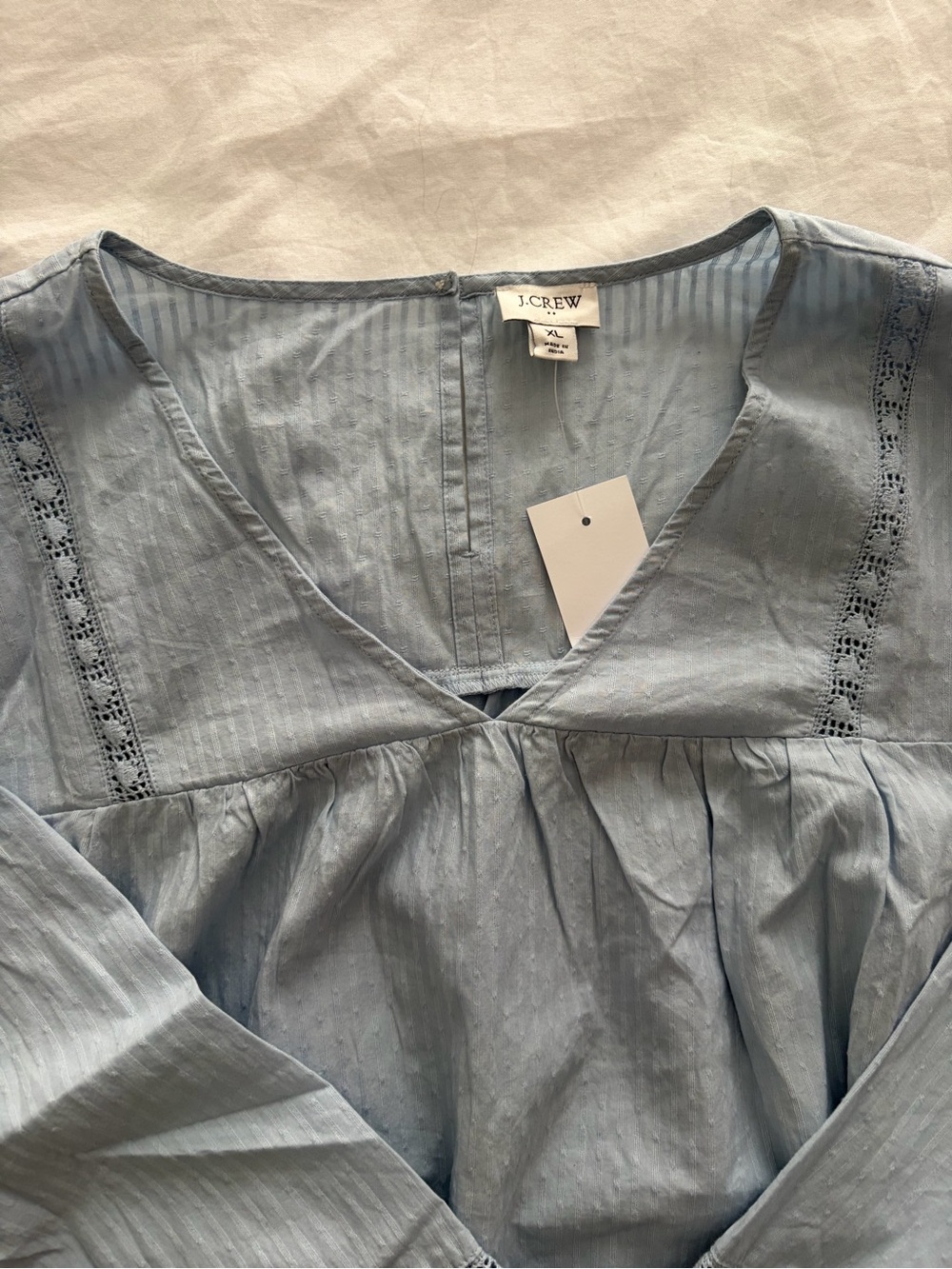 J. Crew Coastal Grandma Light Blue Cotton Lace Inset Peasant Long Sleeve Blouse - Picture 8 of 13